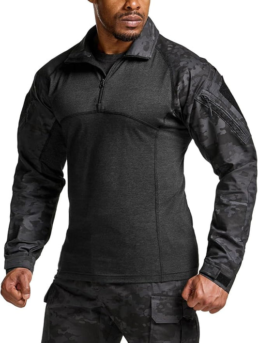 CQR Men's Combat Shirt Tactical 1/4 Zip Long Sleeve Military BDU Shirts Camo EDC Top with Pockets