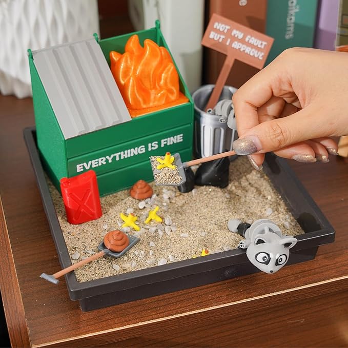 Tian Zhun Dumpster Fire Zen Garden for Desk LED Mini Zen Garden Funny Sand Tray Therapy Kit Office Gift white Elephant Gifts Gag Gifts for Work Coworkers Men Boss Adults