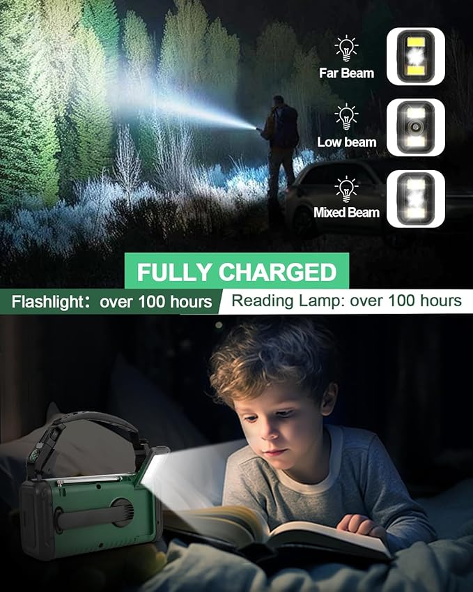 Emergency Crank Radio, 20000mAh / 74000mWh Solar Hand Crank Weather Radio with NOAA/AM/FM, Battery Powered Radio with Cell Phone Charger, Reading Lamp, Flashlight & SOS for Emergencies/Home (Green)