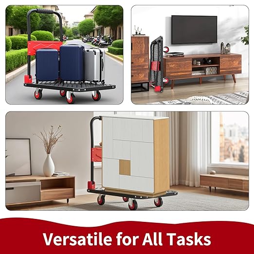Foldable Push Cart Dolly, 330lbs Flat Bed Carts with Wheels & Anti-Collision Strips, Heavy Duty Platform Truck for Household Tasks, Moving, 360° TPR Mute Wheels for Easy Maneuver, Black Red