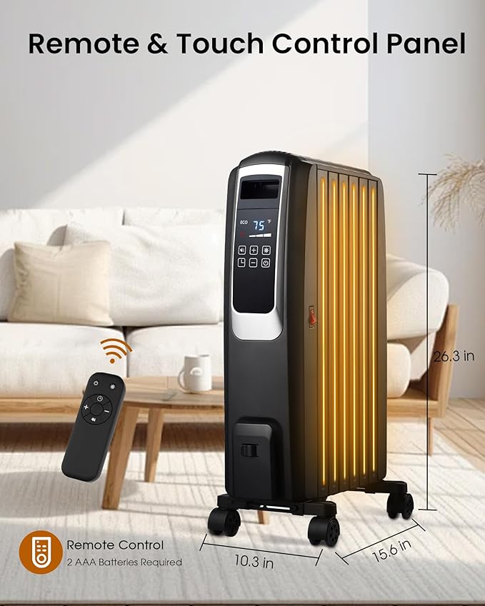 Oil Filled Radiator Heater, Electric Radiant Heaters for Indoor Use Large Room, Portable Space Heater with ECO Mode, Quiet Heating with Remote Control, 24H Timer, Tip-over & Overheat Protection