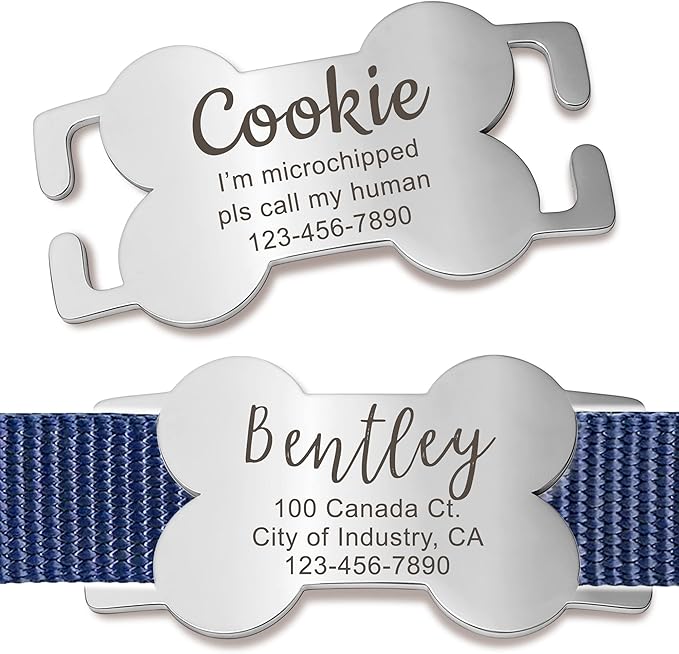 Anavia Bone Shape Slide On Silent Pet ID Tags, S/M/L/XL Gold Black Personalized Engraved Cat Dog Name Tags, Glossy Finish Stainless Steel Chew-Proof Quiet Dog Collar Tag