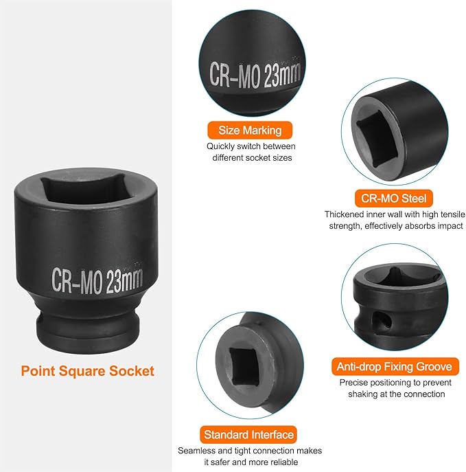 HARFINGTON 4 Point Square Socket 1/2" Drive 23mm Metric Square Impact Socket CR-MO Blackening Standard Wheel Sockets Pneumatic Socket Tool for Auto Repair Mechanical Maintenance Home Use