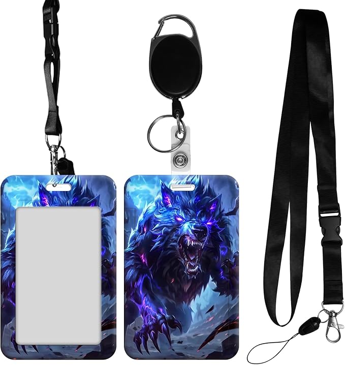 ID Badge Holder with Retractable Lanyard for Women & Men,Vertical ID Card Holder Wallet,Clear Window&Card Slot,Detachable Neck Strap for Nurse Teacher Office,Dark Night Werewolf