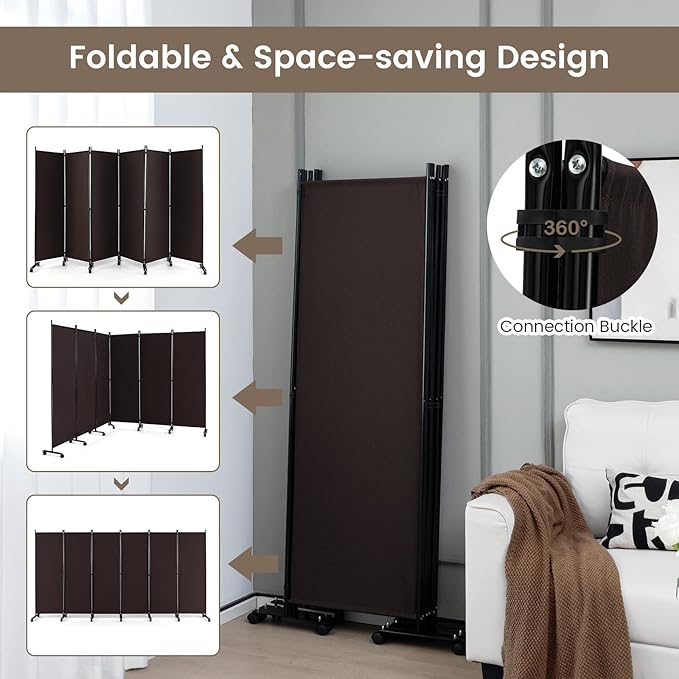Giantex 6 Panel Room Divider, 132''W x 68''H Large Folding Privacy Screen, Rolling Partition Room Dividers for Home Office Studio Separation, Freestanding Fabric Wall Divider Screen on Wheels, Brown