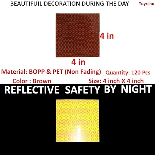 Brown Reflective Stickers 4 inch X 4 inch, Outdoor Waterproof High Visibility Warning Safety Adhesive Reflector Tape (120 Pcs)