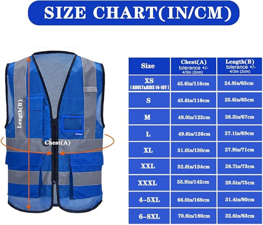 A-SAFETY High Visibility Mesh Safety Reflective Vest with Pockets and Zipper,Hi Viz Work Vest for Men Women (Blue Mesh 4XL-5XL)