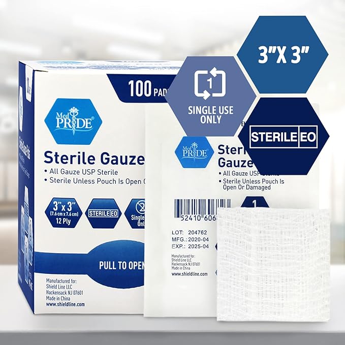 MED PRIDE Sterile Gauze Dressing Pads, 12 Ply Highly Absorbent Cotton, Individually Wrapped, Non Stick, Painless Removal (3x3 Inch (Pack of 100))