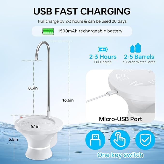 Water Dispenser for 5 Gallon Bottle - Automatic Electric Drinking Water Dispenser, Water Bottle Pump for 2-5 Gallon Water Jugs, USB Rechargeable Water Pump with 2 Switch Control for Home, Camping
