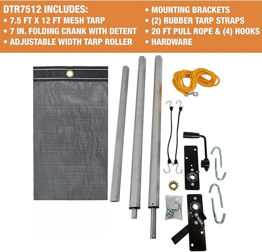Buyers Products DTR7512 Aluminum Tarp System with Mesh Tarp, 7-1/2 x 12 Feet – Dump Body Tarp Kit, Heavy Duty Double-Stitched Hems, Brass Grommets, Telescoping Roller, Complete Hardware Included