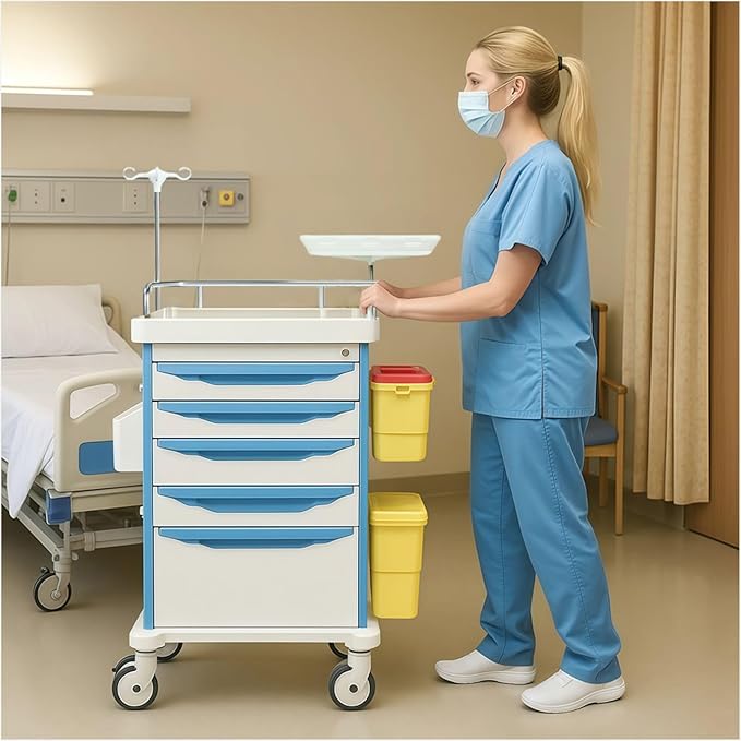 Emergency Crash Cart with Accessories IV Pole, Cardiac Board, O2 Holder, Mobile Cart, Trash Can, Drawer for Clinic,Nursing Center, 30" L x 19" W x 38" H (Blue)