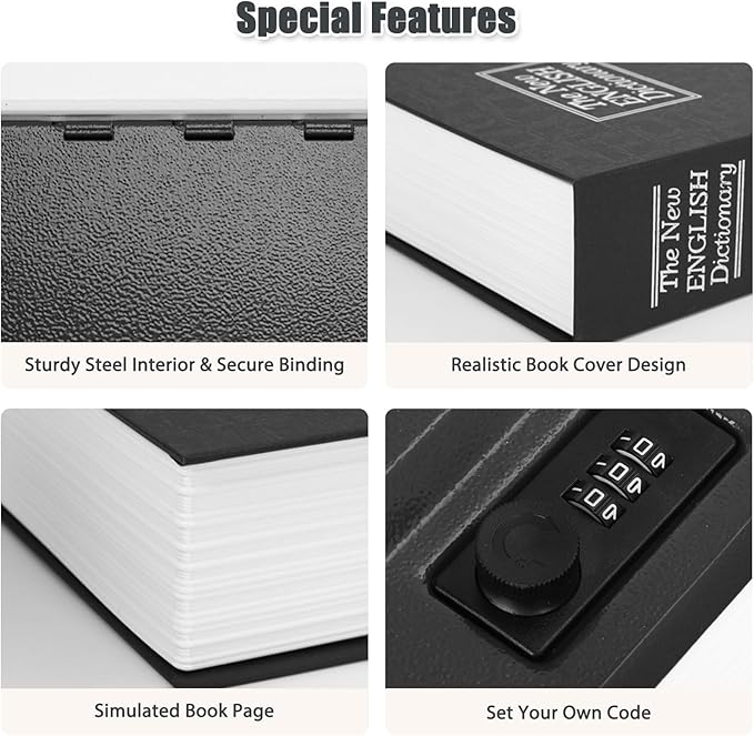 KYODOLED Diversion Book Safe with Combination Lock, Secret Hidden Metal Lock Box,Money Hiding Collection Box,9.5" x 6.2" x 2 .2" Black Large
