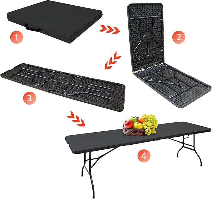Portable 8Ft Plastic Folding Table, Heavy Duty 8ft Fold-in-Half Table with Carrying Handle, 8' Folding Utility Foldable Table for Picnic Party Camping Kitchen, Indoor/Outdoor (Black)