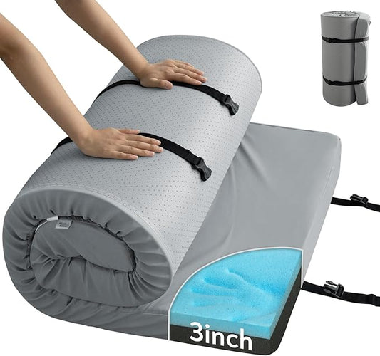 Memory Foam Camping Cot Mattress Pad, 3 Inch Thick Sleeping Pad with Waterproof Cover, Portable Roll up Cot Mattress Pad Mat for Travel Truck Bed Tent, Non-Slip Bottom, 72"×24"×3", Gray