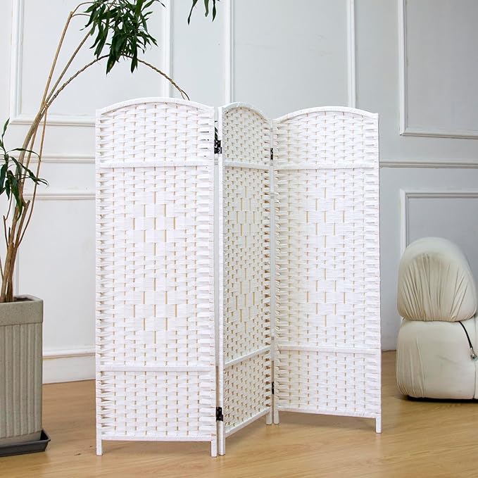 3 Panel Rattan Divider Short Room Partition Screen,Double Sided Folding Divider for Room Separation,White,47.2" H x 47.2" W