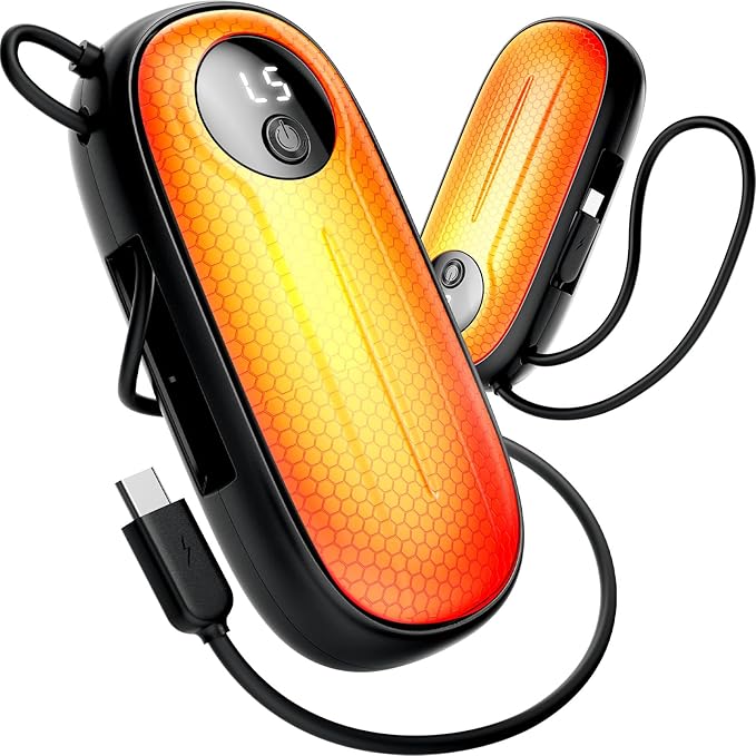 Hand Warmers Rechargeable 2 Pack,14000mAh Dual-Sided 5 Level Electric Pocket Heater with Built-in USB-C Cable, Full-Palm Fast Heating 24hrs, LED Display, Portable Charger, Gifts for Men Women
