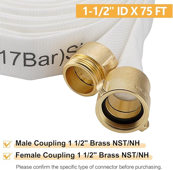 Fire Hose,1-1/2" ID X 75 FT, Single Jacket TPU, 450 PSI Burst Pressure, Industrial Fire Hose with NST/NH Brass Couplings for Indoor Use
