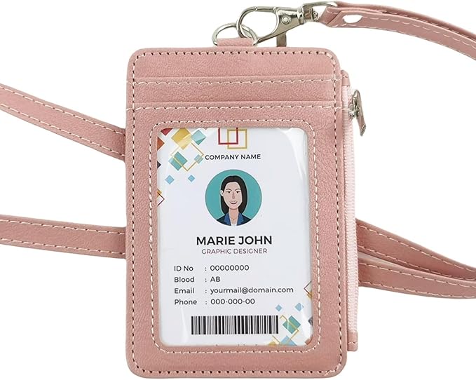 bolimoss Pink Lanyards for Id Badges, Vertical Pu Leather ID Badge Card Holder Wallet with 1 Clear ID Window, 4 Credit Card Slots, 1 Cash Coin Slot,Detachable Wristlet & Neck Lanyard, Ring Key Chain