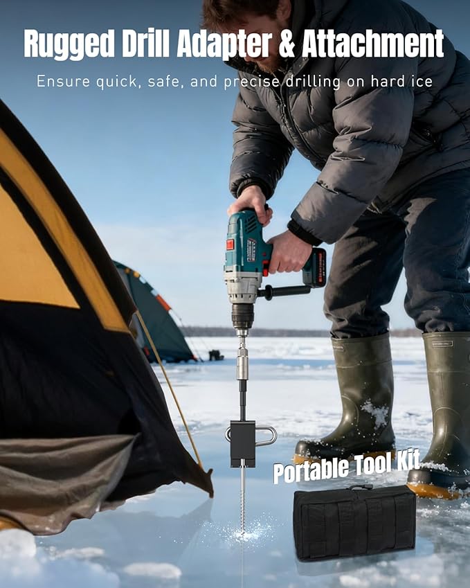 Pawfly 10 Pcs Ice Anchor Tool Kit with Ice Screw Anchors, Tent Guylines, Ice Anchor Drill Adapter & Ice Anchor Drill Attachment, Outdoor Tent Fixing Kit for Winter Camping & Ice Fishing Shelter