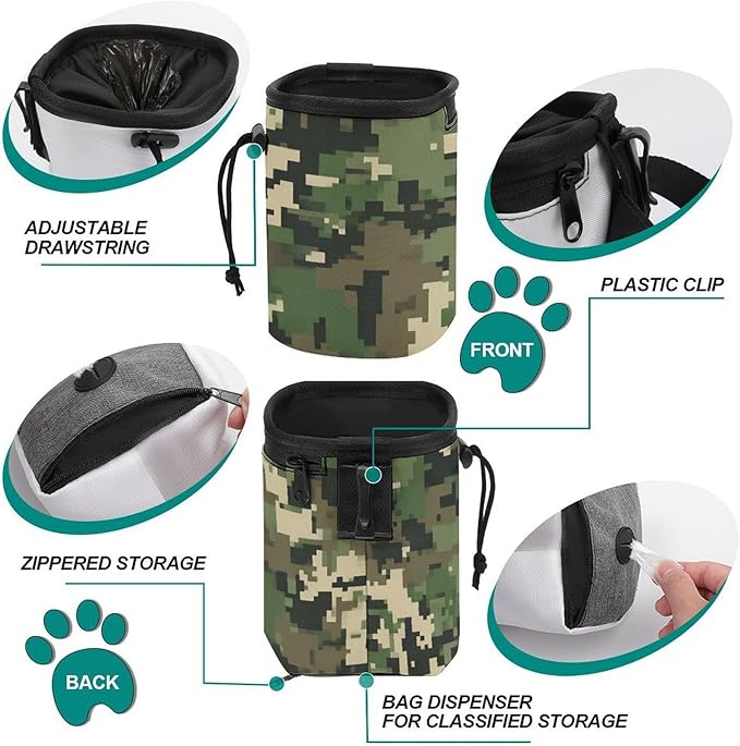 Fashion Pet Training Package, Portable Travel Dog Carrier Bag, Puppy Snack Pocket with Adjustable Waist Belt for Cat Dog Puppy Green Camo Army Solider Camouflage