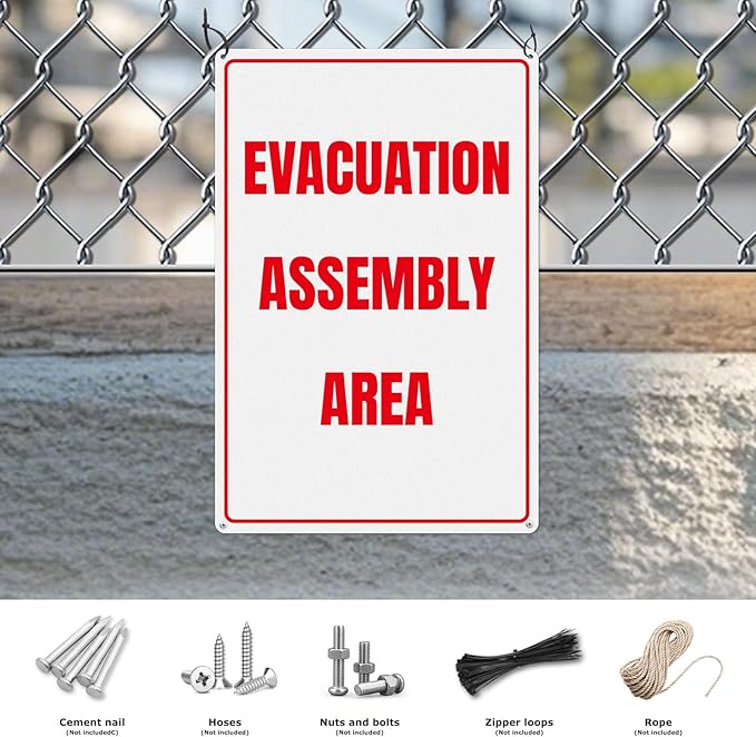 Evacuation Assembly Area Sign 12 × 18 Inches Pre-Drilled Holes Waterproof Signage Aluminum Metal Reflective Warning Notice for Business Factory Warehouse