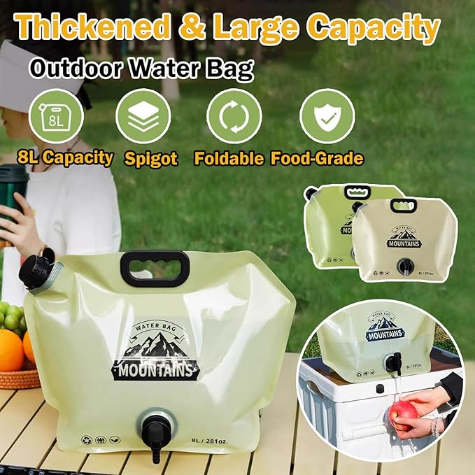 Camping Water Jug 8L/2.1 Gallon,Portable Folding Water Bag with Spigot and Handle, BPA Free Large Capacity Water Storage Carrier for Camping, Hiking, Outdoor, Emergency (Beige & Green, 8L)