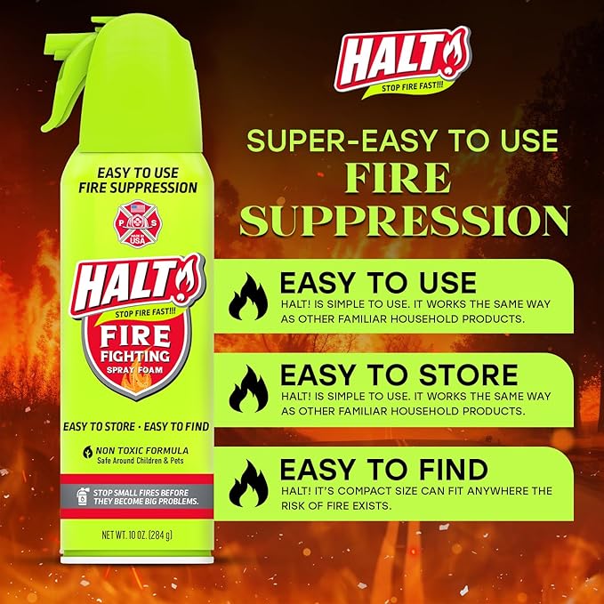 HALT! 10oz Fire Safety Spray – Non-Toxic, PFAS-Free Handheld Fire Suppressor – Easy to Use, Store & Find – Compact & Portable for Home, Kitchen, Car, BBQ, Camping & Tailgate – Made in USA (2pk)