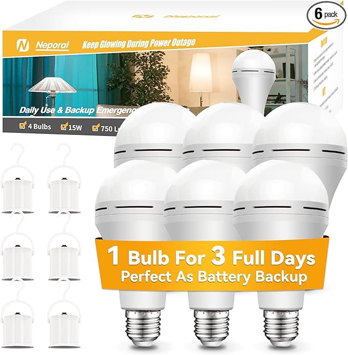 Neporal LITE PRO Battery Backup Light Bulbs, 2600mAh Rechargeable Light Bulbs, Perfect As Emergency Lights for Home Power Failure, Hurricane Prepareness Item, E26/E27