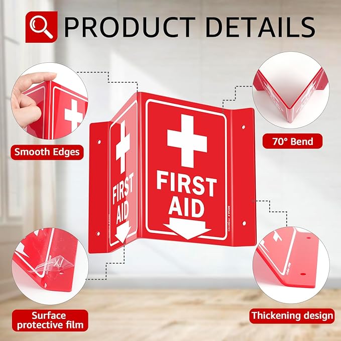 GicnKeuz First Aid Sign, 8" x 6" First Aid with Cross Symbol, Two-Sided Acrylic V-Sign for Business or Office or Wall Décor, Including Screws, Easy to Install (4 Pack)