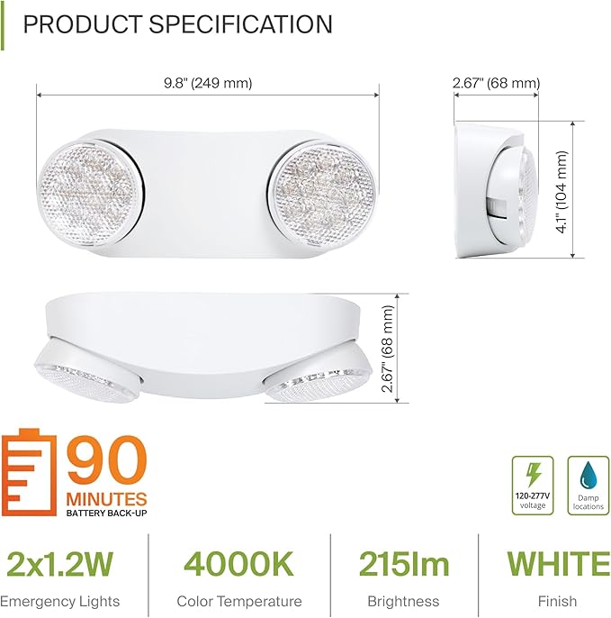 ASD LED Emergency Lights with Battery Backup - 120-277V UL 2.5W Two Round Head Adjustable for Business, Commercial Hardwired Damp Location Emergency Exit Power Outage Lights, 6 Pack