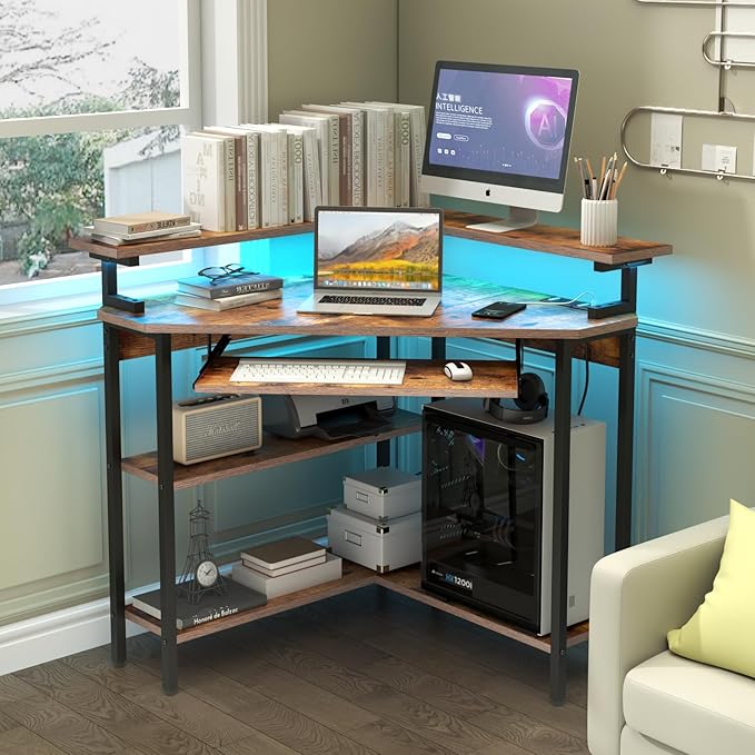 Auromie Corner Desk with Charging Station & LED Light, Triangle Corner Desk with Monitor Stand & Keyboard Tray for Small Space, Gaming Computer Desk with Storage Shelves for Home Office (Rustic)