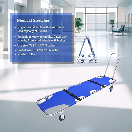 Medical Stretcher,Aluminum 4-Wheel Foldable Stretcher Trolley with Drawbar,Medical Emergency Folding Portable Stretcher for Hospitals, Sports venues, fire Rescue, and homeuse,Bearing Capacity 350 lb