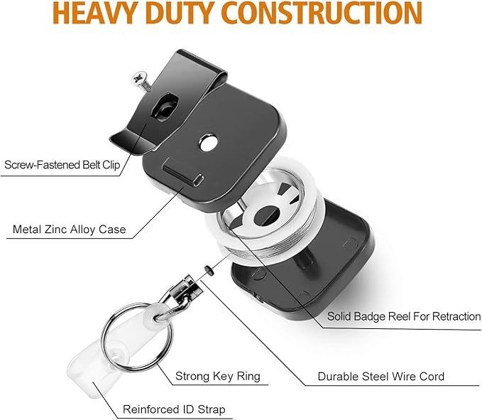 FEELSO Badge Holder Reel Retractable, Metal Heavy Duty Badge Holder with Belt Clip Key Ring and 6pcs Plastic ID Card Holders, Steel Wire Cord Up to 25 inch (2 Pack)