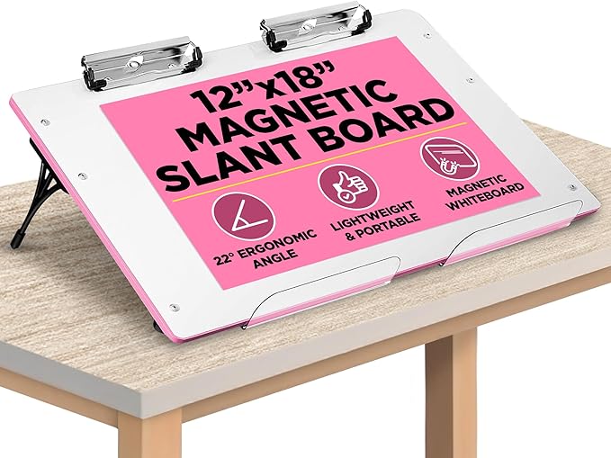 Slant Board for Writing – Adjustable Magnetic Whiteboard & 22° Angle Ergonomic Desk for Reading, Writing, Drawing and Studying – Portable Tabletop Stand for Students and Teachers - Pink