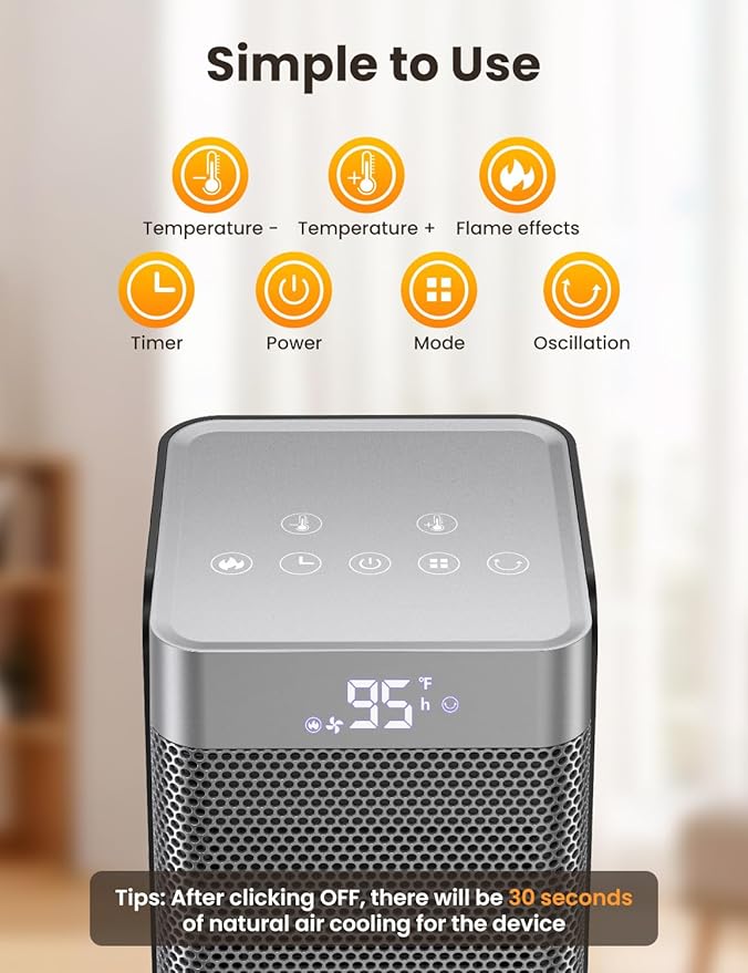 Space Heaters for Indoor Use, 1500W PTC Ceramic Electric Heater with Thermostat, Room Temperature Display, 70° Oscillation, Remote Control, 12H Timer, Quiet Portable Heater for Office Bedroom