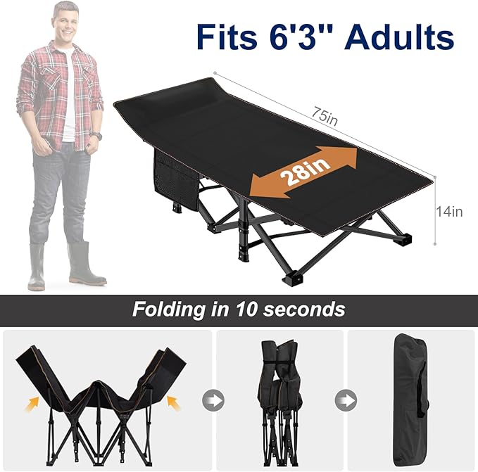 ABORON Camping Cot for Adult 28" Extra Wide, Heavy-Duty 1200D Oxford Cot for Sleeping, Portable Folding Camp Bed with Mat & Carry Bag
