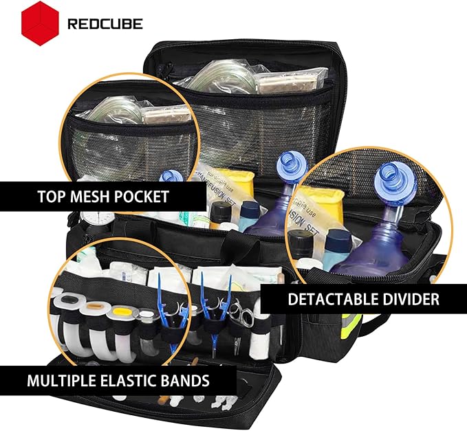 REDCUBE Emergency Bag,First Aid Bags Empty,Professional Emergency Responder Trauma Bag Medical Bag with Multiple Compartment Kit Carrier for EMT, EMS, Paramedics(Black)(Bag only)