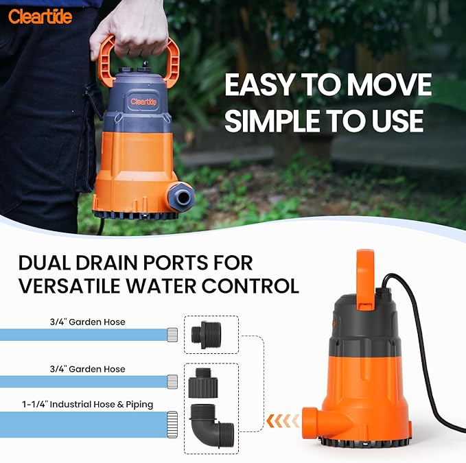 Cleartide Submersible Sump Pump, 1/3 HP Utility Water Pump for Pool Draining, Hot Tub, Basement,100% Copper Motor, Electric Drain Pump Handles 3/8" Solids, 10 FT Cord