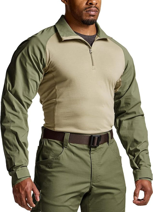 CQR Men's Combat Shirt Tactical 1/4 Zip Long Sleeve Military BDU Shirts Camo EDC Top with Pockets
