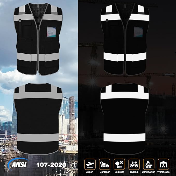 TCCFCCT Mesh Hi Vis Vest 5 Pockets High Visibility Reflective Safety Vest for Men Women, Neon Construction Vest with Horizontal Strip for Walkie-talkie and ID Card, Meets ANSI/ISEA Standards, Black, 3XL