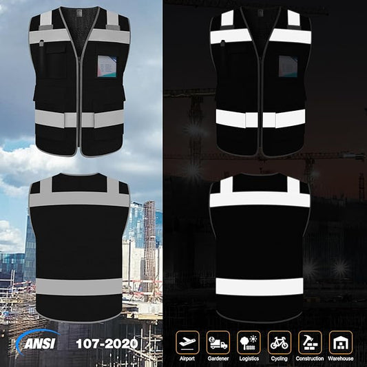 TCCFCCT Mesh Reflective Safety Vest with 5 Pockets High Visibility Vest for Men Women, Work Vest with Horizontal Strip for Walkie-talkie and ID Card, Meets ANSI/ISEA Standards, Black, 4XL
