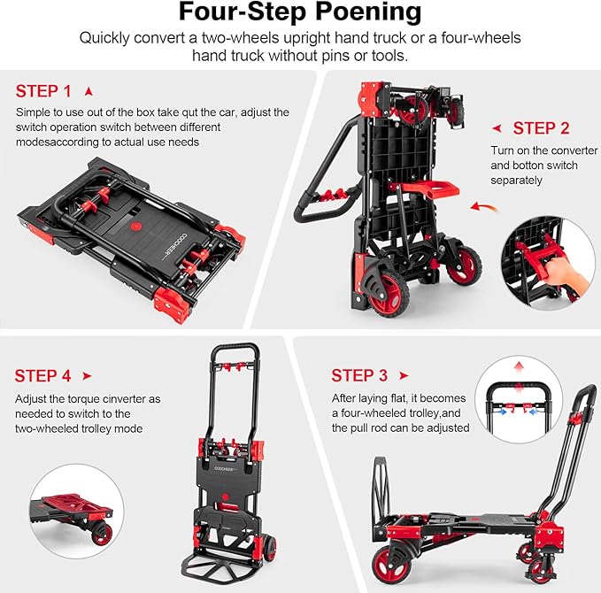 2-in-1 Folding Hand Truck Dolly 330LB Load Carrying, Hand Truck Foldable Dolly with Retractable Handle and 4 Rubber Wheels, Portable Folding Hand Cart for Moving/Travel/Office(Red)