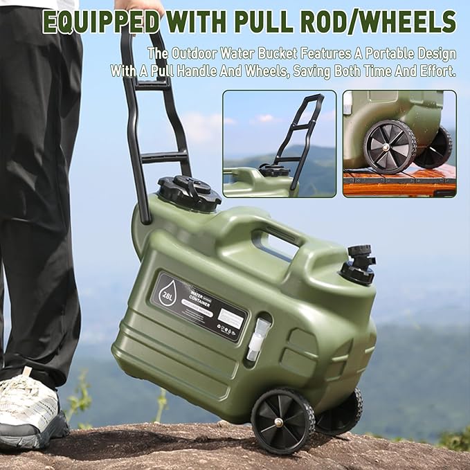7.4 Gallon Water Jug,Camping Water Container with Wheel、Pull Rod,BPA-Free with Spigot Cleaning,Brush Military Green Tank Portable,Suitable for Outdoor Camping and Hiking
