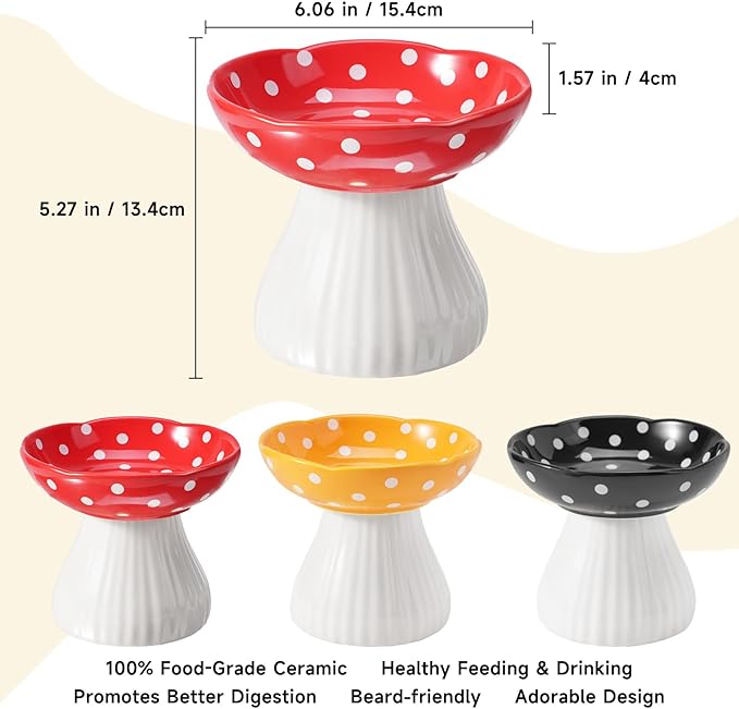 Mushroom Cat Bowl, Elevated Cat Food & Water Bowl, Lead & Cadmium Free Ceramic - Yellow