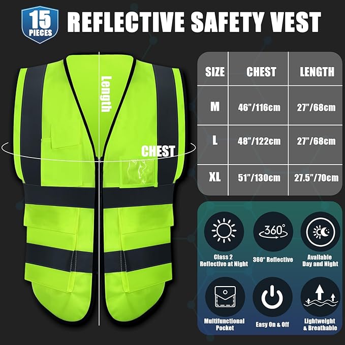 JaGely 15 Pack Reflective Safety Vests with Pockets and Zipper Construction Work High Visibility Vest for Men Women(Medium,Fluorescent Green)