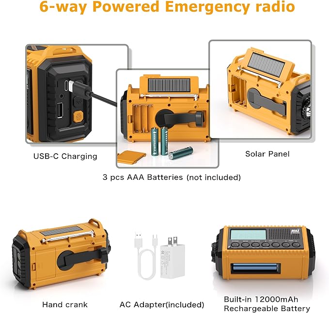 Emergency Radio 12000mAh with NOAA Weather Alert - Solar/Crank/Battery Powered AM/FM/Shortwave Radio, USB-C Charger, Portable SOS Flashlight for Hurricane, Power Outage, Camping Survival Gear
