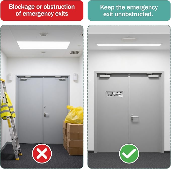 2PCS Emergency Exit Only Signs Sticker，Self Adhesive Water & Fade Resistant Black Silver Exit Only in Emergency Sign for Business, Schools, Offices, Storage Rooms, Hospitals