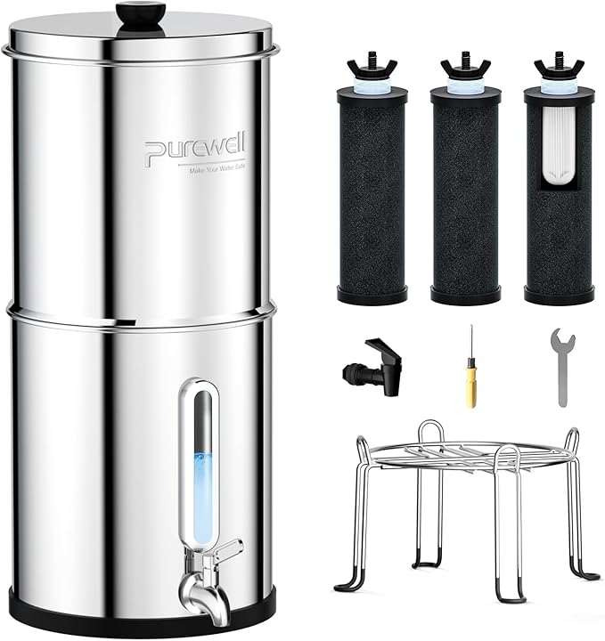 Purewell 2.25G Gravity-fed Water Filter System with 3 Filters, 3-Stage Ultra-Filtration Stainless Steel Countertop System with Water Level Window, Reduce 99% Chlorine, 9,000G Filter Capacity, PW-KS-3C