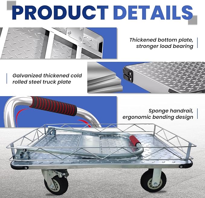 Heavy Duty Platform Truck with 6-Inch Brake Silent Wheels, Foldable Push Cart with Detachable Steel Wire Fence, Flat Hand Trucks for Gardens, Warehouses, Workshops (35.4 * 23.6 * 33.9in)