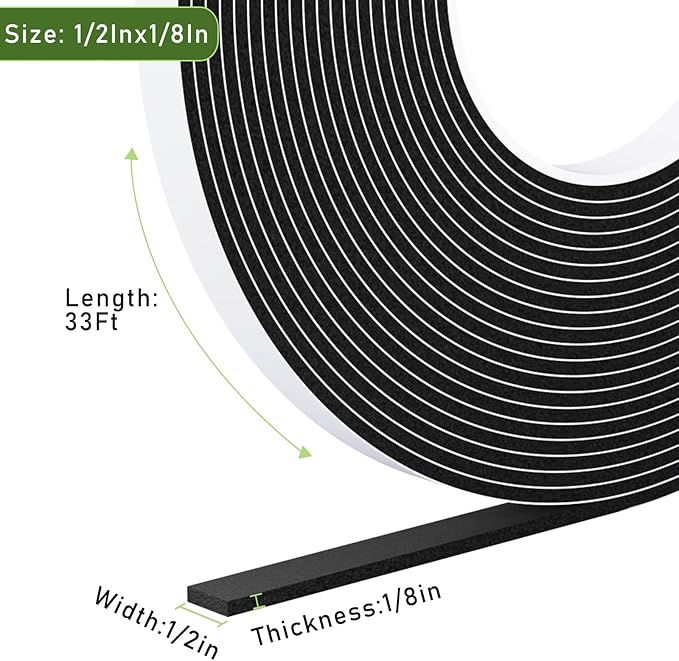 Strong Adhesive Door Weather Stripping,1/2Inch Wide X 1/8 Inch Thick,Foam Insulation Tape,Air Conditioner Foam,Window Soundproof Weatherproof,Total 33 Feet Long
